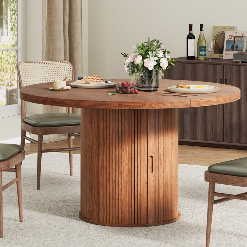 47" Round Dining Table for 4-6, Farmhouse Kitchen Table With 2-Tier Storage Shelf, Drawer and Sliding Door, Walnut