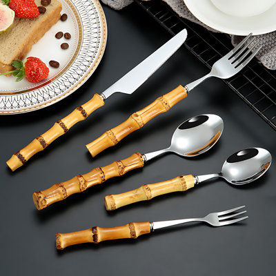 304 Stainless Steel Bamboo-Inspired Cutlery Set - 4-Piece Knife Fork Spoon Steak Set With Retro Design - Perfect Gift For Dining Enthusiasts