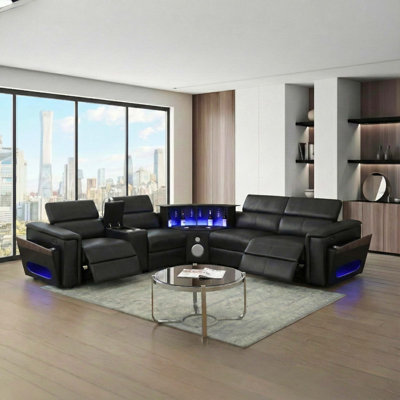 Canapé modulaire de style moderne Nova avec 1 console (lampe de lecture), coin avec haut-parleur Bluetooth, DEL et armoire à vin relevable