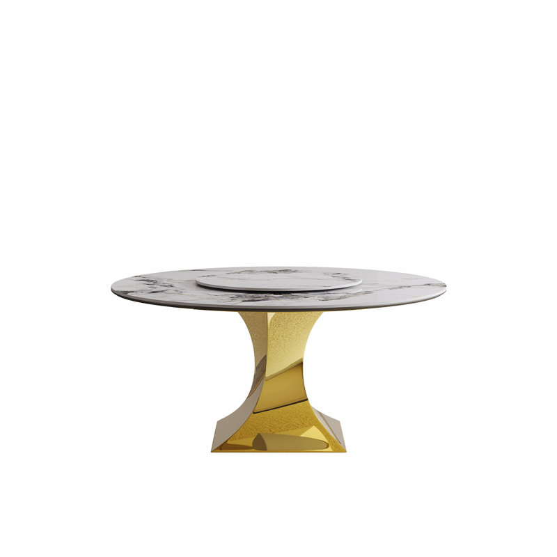 Ensemble de table de salle à manger ronde en pierre frittée avec base en sablier en acier inoxydable - table de cuisine moderne de luxe d'aspect marbre