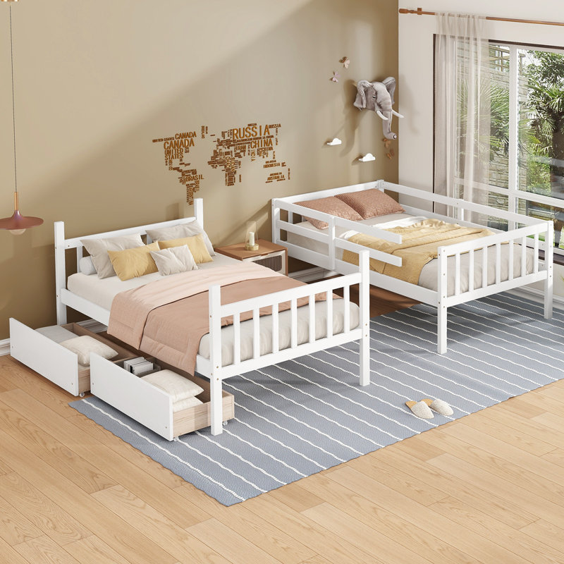 Rubber Wood Bunk Bed with Drawers, Ladder, and Guardrails, White, Twin XL