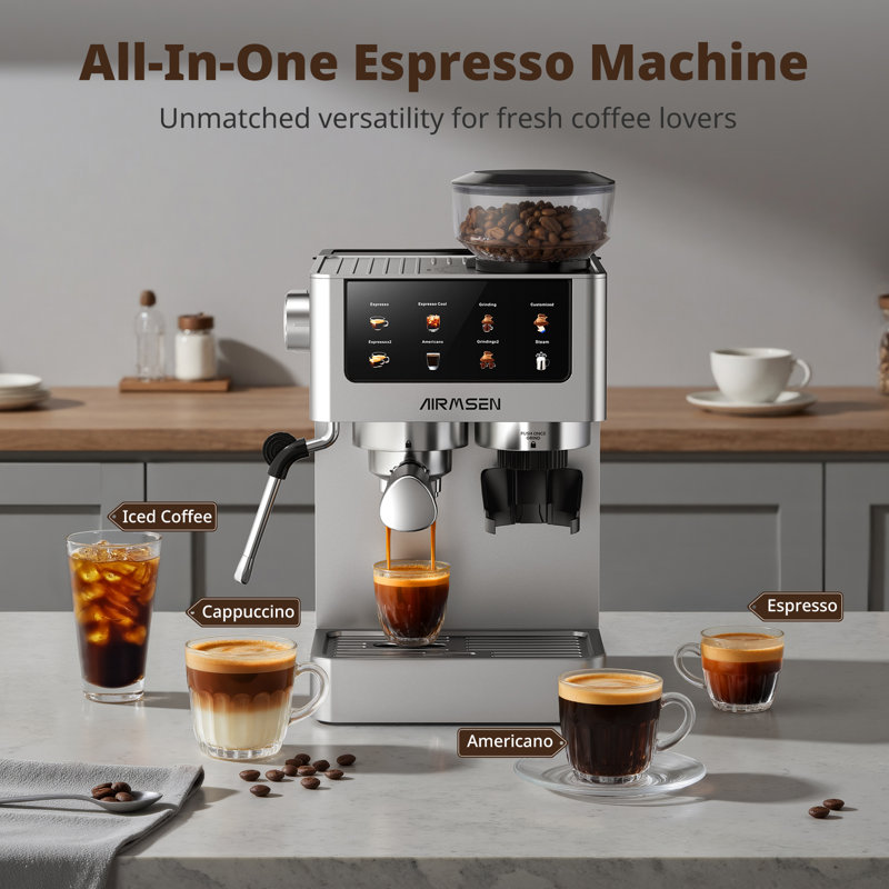 Airmsen 7.9'' Semi-Automatic Espresso Machine With Grinder