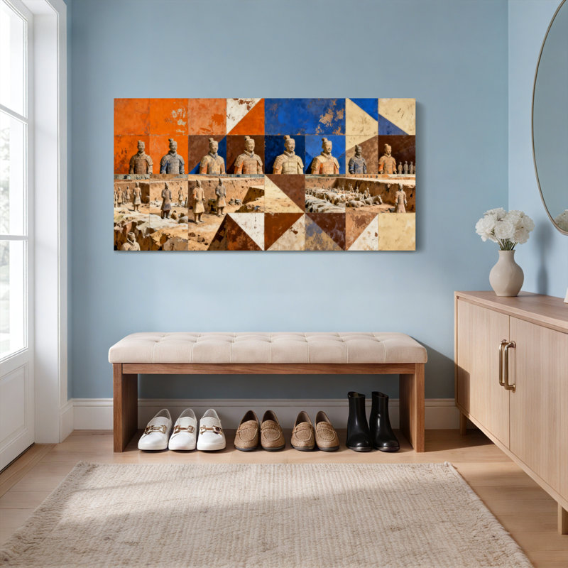 Ensemble de 1 tableau sur toile à motif géométrique Guerriers de terre cuite, H 12 po x l 36 po