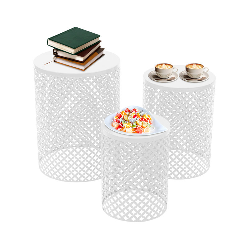3PCS Metal Hollow-out End Table Set, White