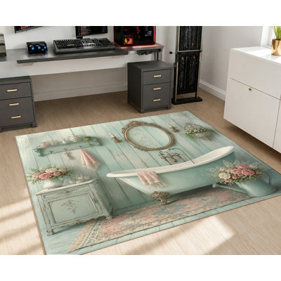 Tapis vintage rétro Shabby Chic, aspect bois vieilli bleu pastel avec accents floraux roses, tapis de sol doux, décoration intérieure antidérapante pour appartement de chambre à coucher
