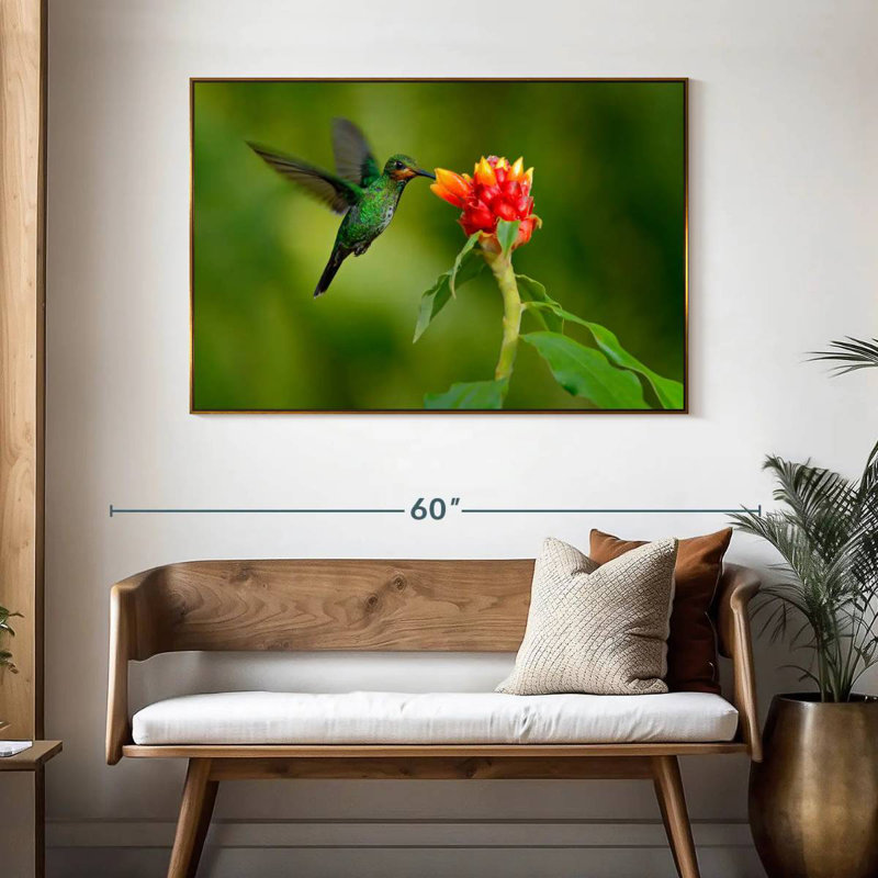 Fleur et colibri vert, 46 po x 31 po, Cadre flottant doré