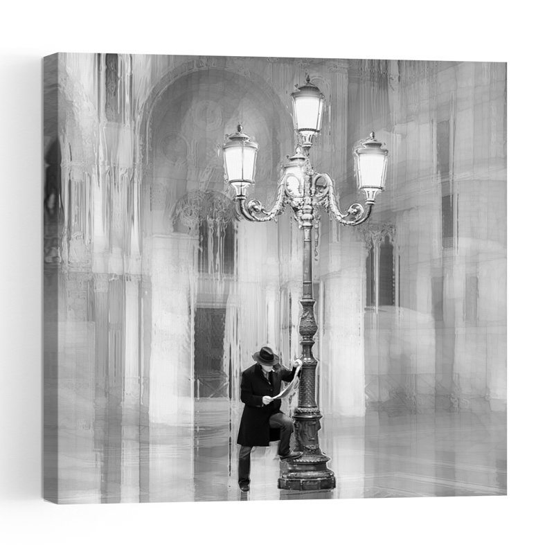 Man By Lamppost Classic Elegant Gothic Architecture City Wall Art Print 1 Piece Wrapped Canvas Wall Art