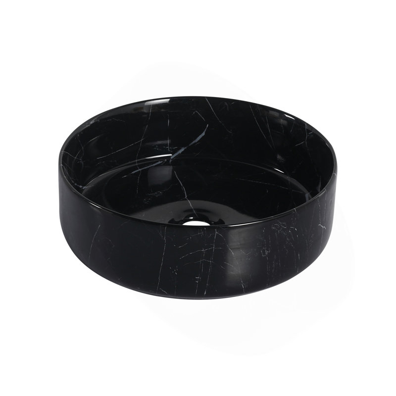 Lavabo de salle de bain rond en céramique sur fond noir avec motifs blancs, Noir