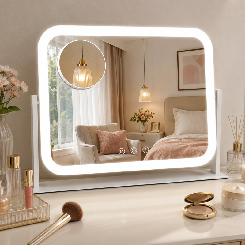 Rectangle Lighted Makeup Mirror,Tabletop LED Vanity Mirror with 10X Magnification, 3 Color Lighting Modes, 360° Rotation