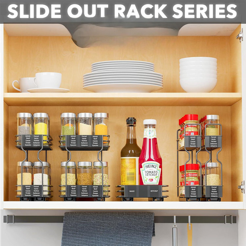 Heavy Duty Black Steel Pull Out Spice Rack Organizer with Labels