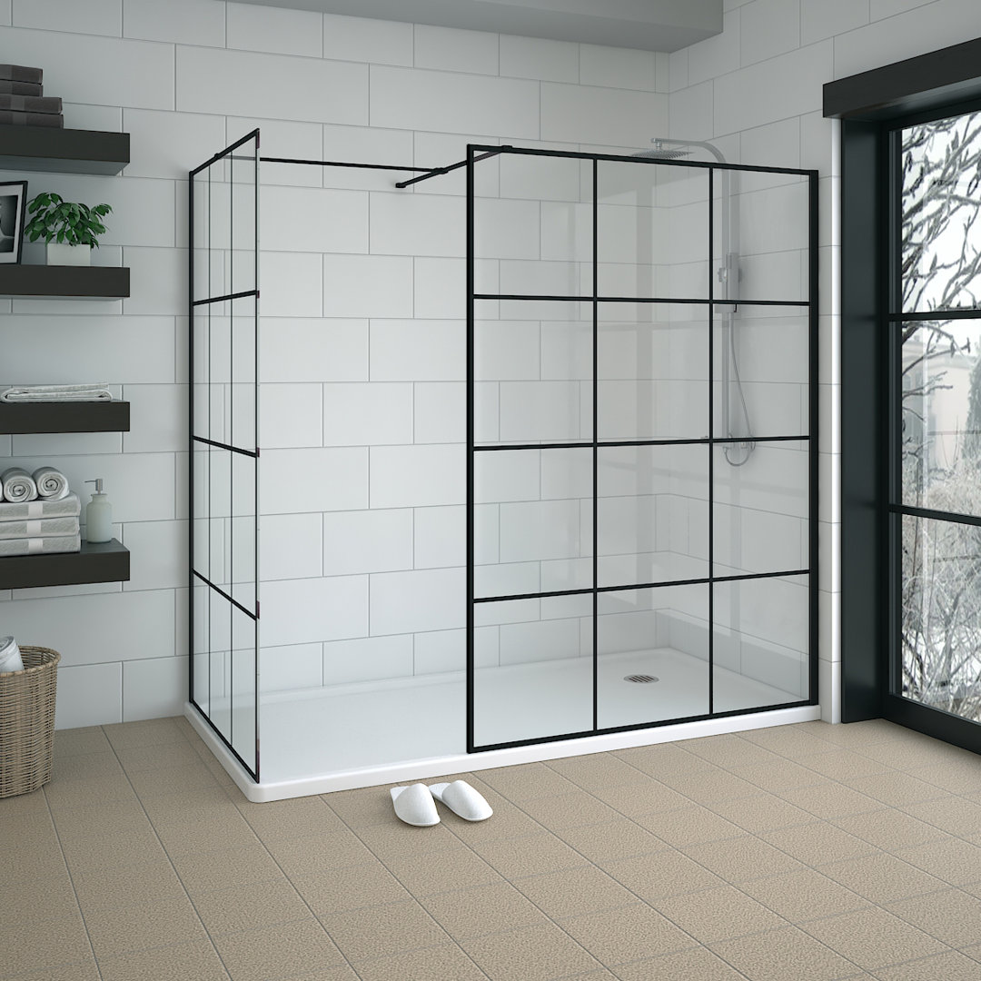 Black Grid Walk In Shower Enclosure Wet Room Glass Screen Pack 1200mm and 1000mm Panels