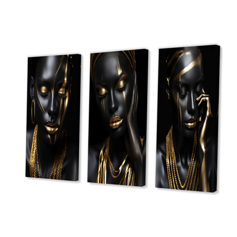 Essence féminine noire et dorée I - Portrait de femme, ensemble de 3 décorations murales, Toile tendue, H 28 po x l 36 po