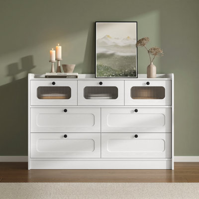 7-Drawer White Dresser with Fluted Glass Fronts, Raised Back Panel and Smooth-Gliding Drawers