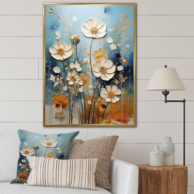 «White Wildflowers Serene Oasis», reproduction sur toile encadrée