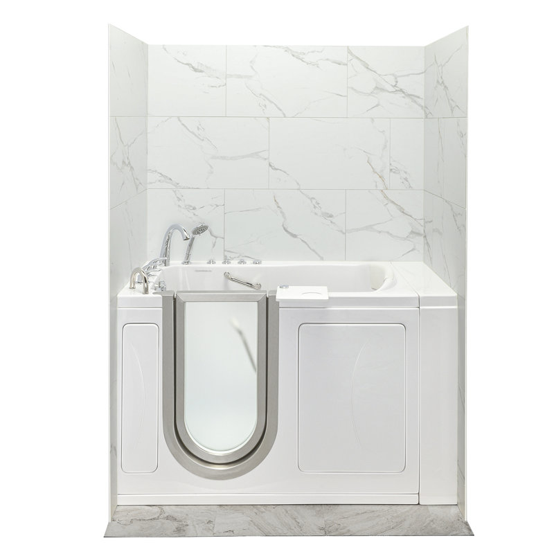 Ella Royal 32"x52" Acrylic Air and Hydro Massage and Heated Seat Walk-In Bathtub with Left Inward Swing Door, 5 Piece Fast Fill Faucet, 2" Dual Drain, Carrara Wall Surround