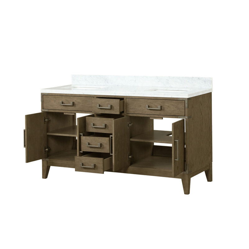 60 po Grand meuble-lavabo double en chêne gris, marbre, quatre tiroirs et tablette, meuble-lavabo à fermeture en douceur avec deux armoires,