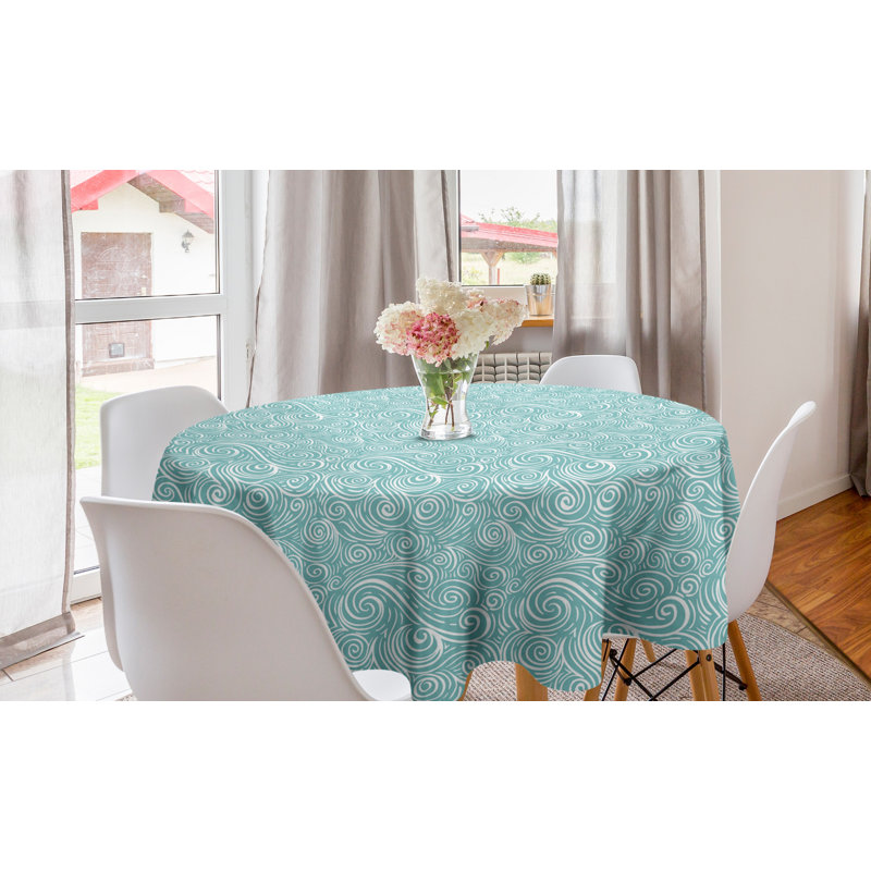 Ambesonne Abstract Round Tablecloth, Ocean Waves Inspired Ink Brush Style Curls And Swirls Pattern Modern Art, Circle Table Cloth Cover For Dining Room Kitchen Decoration, 60", Pale Blue And White