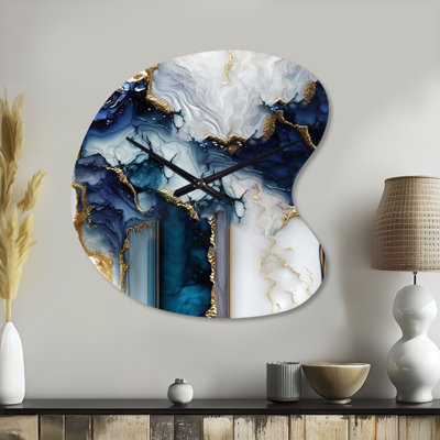 Abstract Geode White And Blue Marble I - Unique Shape Marble Metal Wall Clock, Blue Wall Clock Print