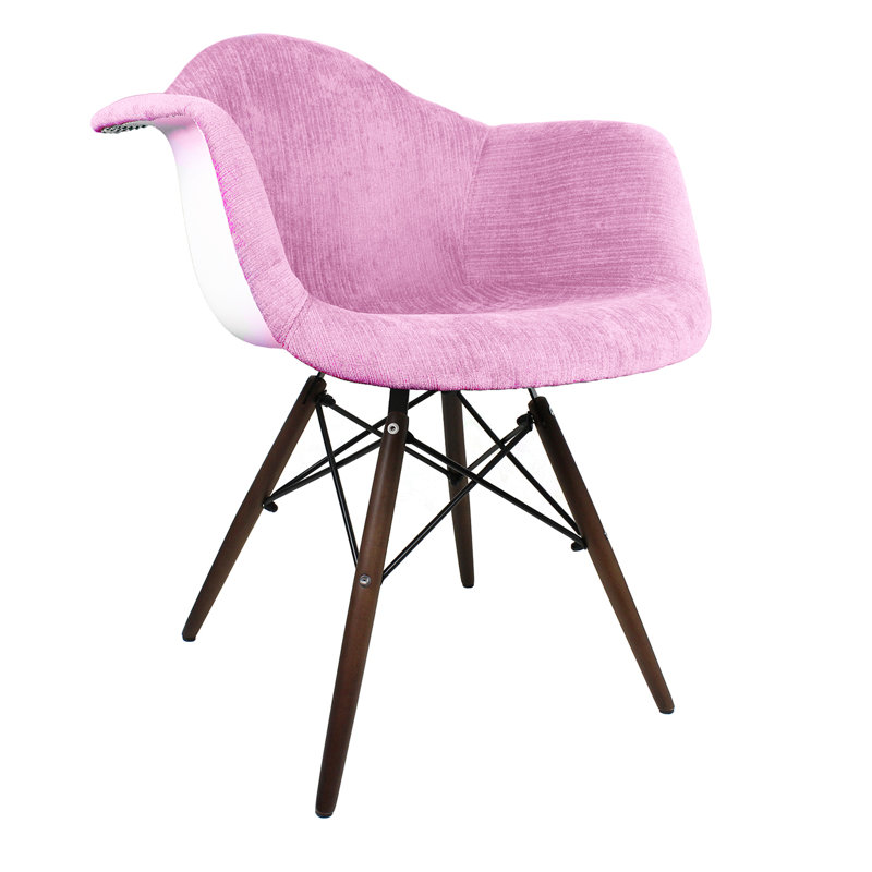 Chaise avec accoudoirs rembourrée en tissu de velours rose de style Mid-Century Hilderbrand