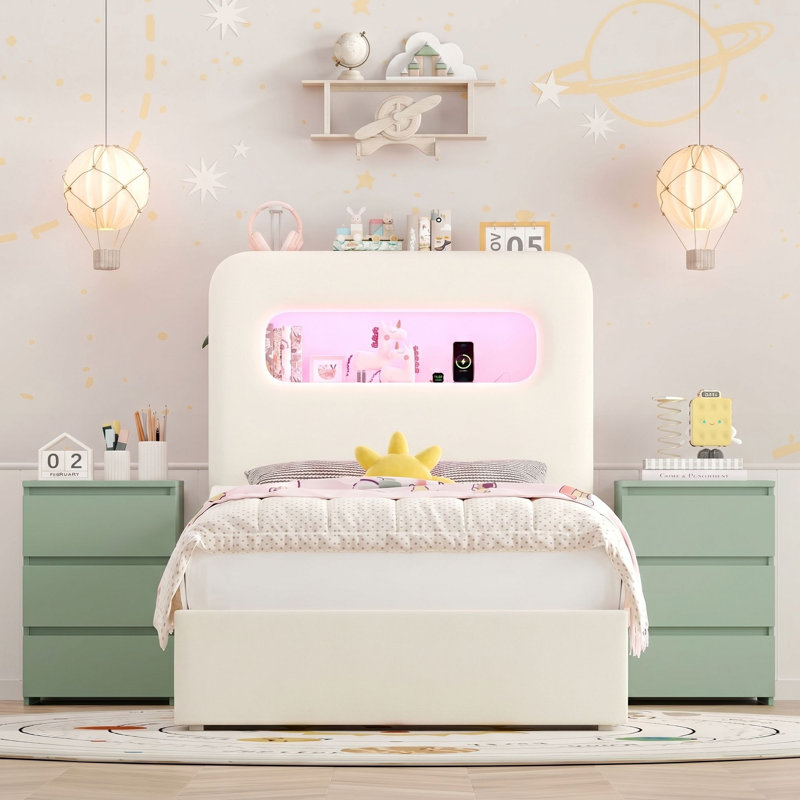 Upholstered 3-Piece Storage Bedroom Set, Cream White/ Green, Twin