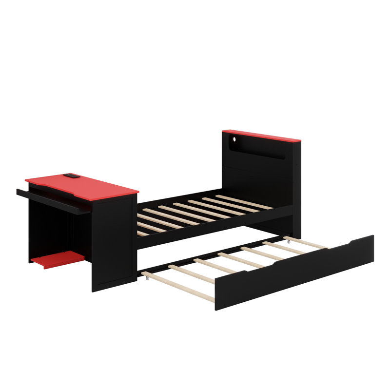 Lit convertible moderne avec lit gigogne auxiliaire, bureau ergonomique, lumière décorative à DEL et Interfaces USB intégrées
