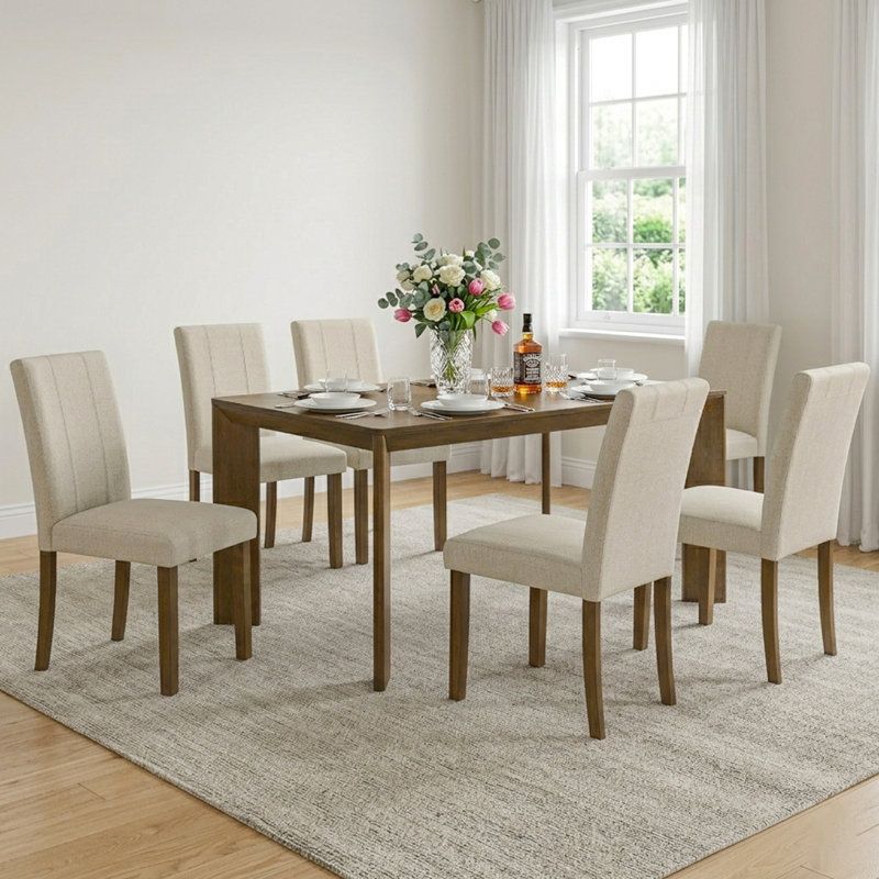 7-Piece Dining Set, 59" Rectangular Wood Table with 6 Upholstered Chairs, Modern Kitchen Dining Set for Dining Room & Living Room