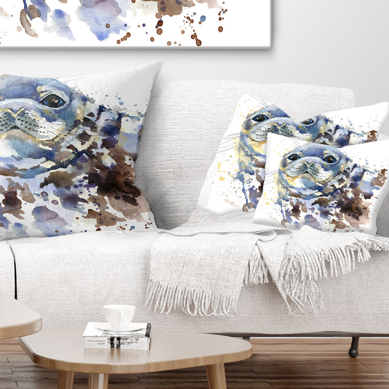 Blue Marine Seal Watercolor - Animal Printed Throw Pillow