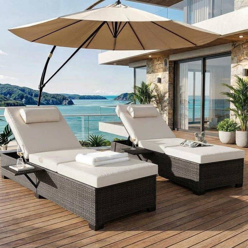Ensemble de 2 chaises longues réglables en osier avec coussins et table d'appoint, Beige
