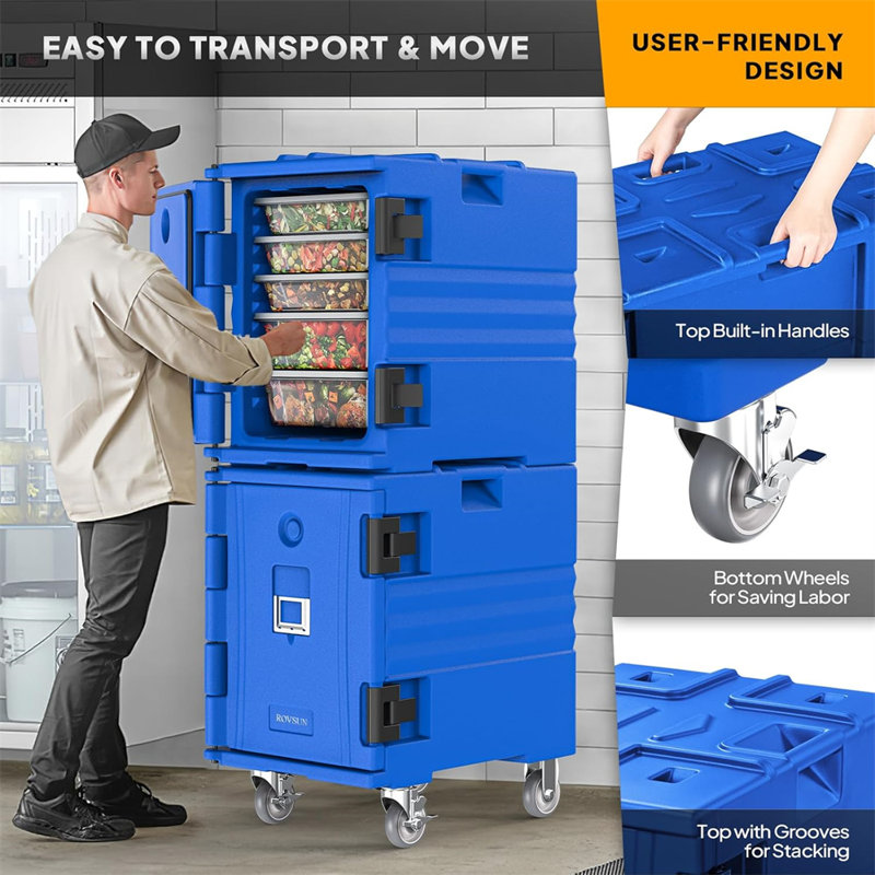 82 QT Blue Insulated Food Pan Carrier with Lockable Wheels