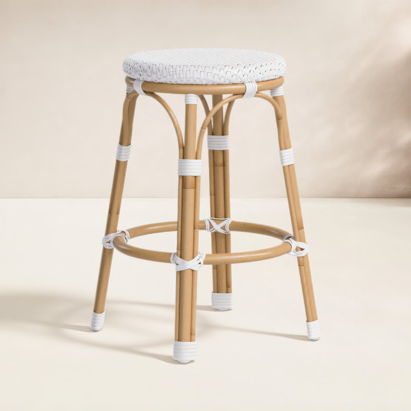 Tobias Outdoor Rattan and Metal Counter Stool, White
