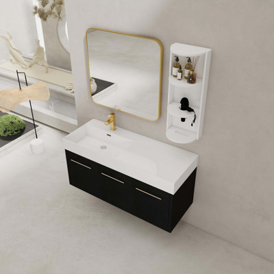 48 Inch Wall-Mounted Bathroom Vanity With Sink And Storage Rack, Thick Edged Resin Left Basin