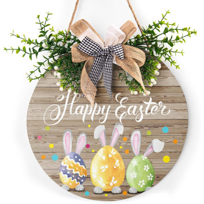 Happy Easter Wooden Hanging Sign Easter Colorful Eggs Bunny Sign Door Decoration Rustic Easter Wood Wreath Sign For Easter Spring Holiday Front Door Wall Rustic Farmhouse Porch Decor