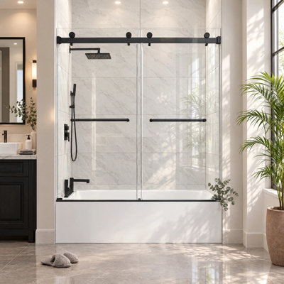 Porte de baignoire en verre coulissante sans cadre à double contournement l 55 à 60 po x H 60 po, verre trempé de 5/16 po (8 mm) antidéflagrant