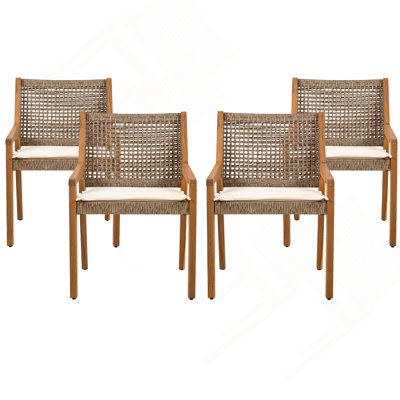 Ensemble de chaises de salle à manger d'extérieur - Bois d'acacia et osier avec meubles de patio à coussin crème - Finition teck et brun wicke, convient aux grands rassemblements - ensemble de 4