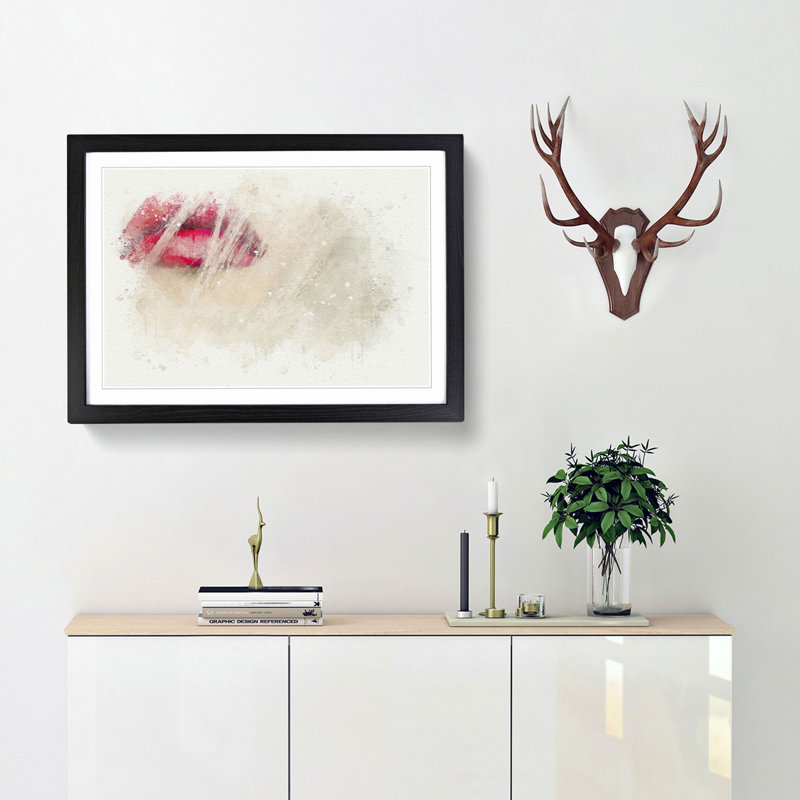 Pink Lips in Abstract - Framed Print, 35cm H x 50cm W x 2cm D, Black