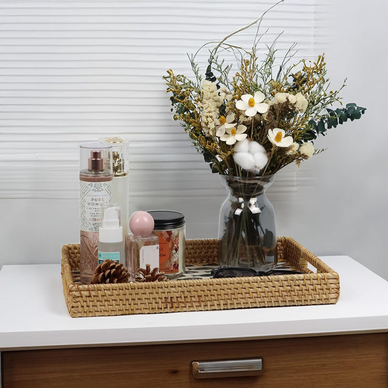 Rattan Serving Tray, Rectangle Coffee Table Tray With Mother Of Pearl Inlay, Decorative Wicker Basket With Handle For Coffee, Bread, Fruits, And Snacks