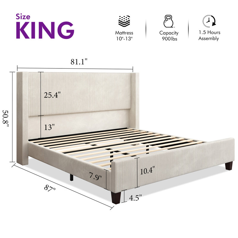 Wauseon Corduroy Upholstered Bed, King, Cream Corduroy
