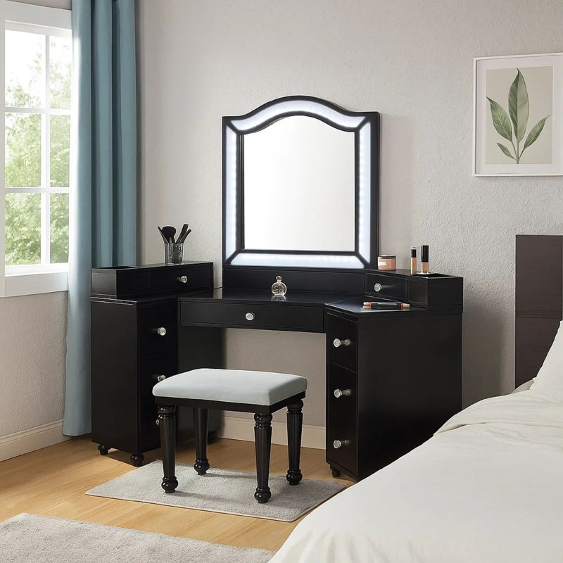 Ensemble de meuble-lavabo 3 pièces avec tabouret Gena, plateau en verre, miroir DEL, gris obsidienne Gena