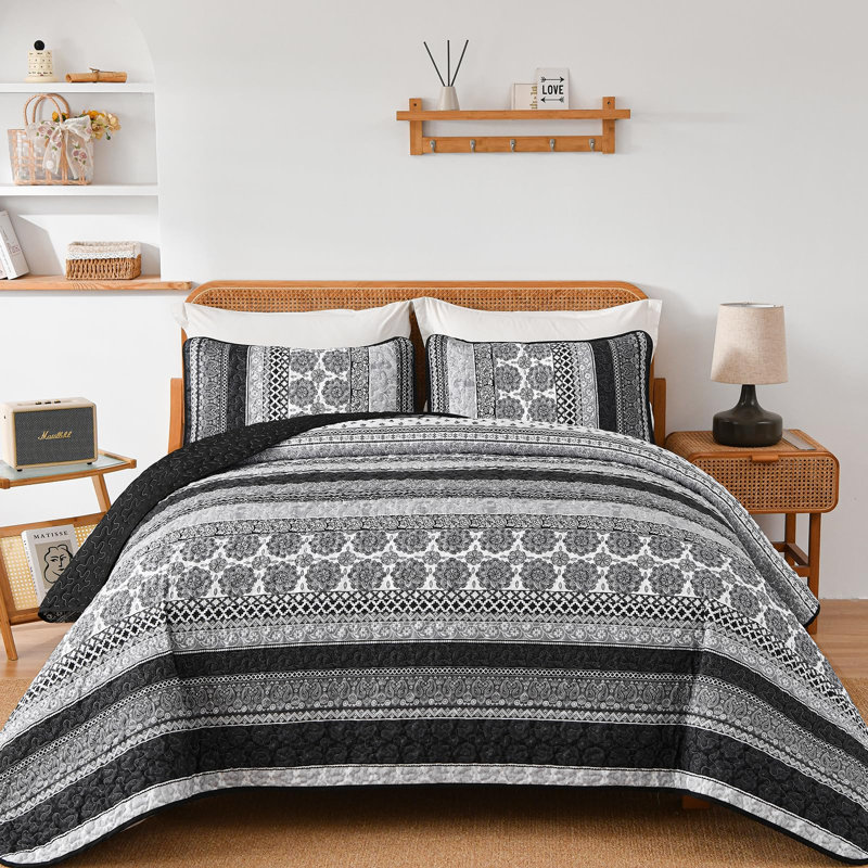 Ensemble de courtepointe 3 pièces Boho, Noir/gris, Courtepointe très grand et 2 très grandes taies 