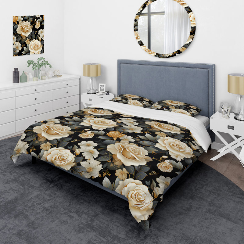 Timeless Beige Rose Elegant Bouquet - Ensemble de housse de couette floral - Polyester en microfibre