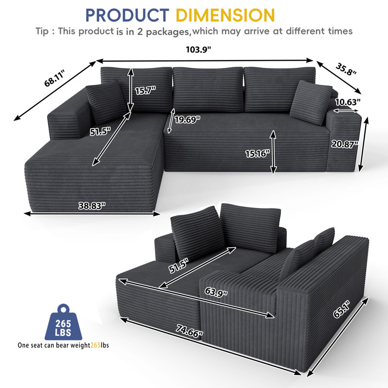 Canapé modulaire en velours côtelé 104 pièces 104 po avec méridienne en forme de L 104 po, Velours côtelé gris