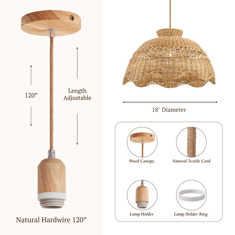 Le Perle Rattan Pendant Light - Natural Brown Dome 1-Light Polished Handwoven Dimmable Ceiling Light For Kitchen Island, Kitchen, Dining Room, Living Room, Bedroom or Hallway in Modern, Farmhouse & Boho Style