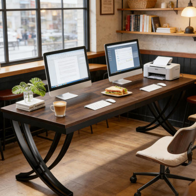 Bureau double pour ordinateur avec espace de travail vaste, idéal pour plusieurs appareils, style industriel, cadre, entretien simple, espace pour deux personnes de 78,7 po, bureau en bois et métal, à endommager
