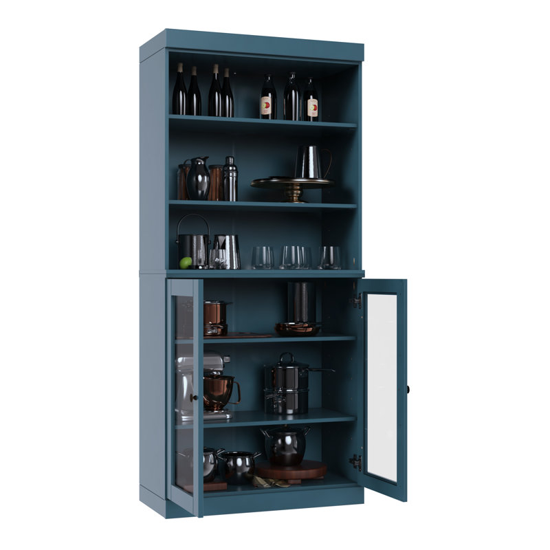 Garde-manger 32 po Kaniesha en bois massif avec portes en verre transparent et tablettes réglables, Bleu sarcelle