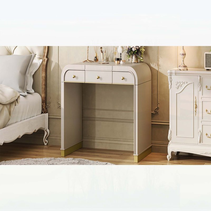 Meuble-lavabo classique en bois avec miroir rabattable, coiffeuse 3 en 1 pour chambre à coucher, finition champagne
