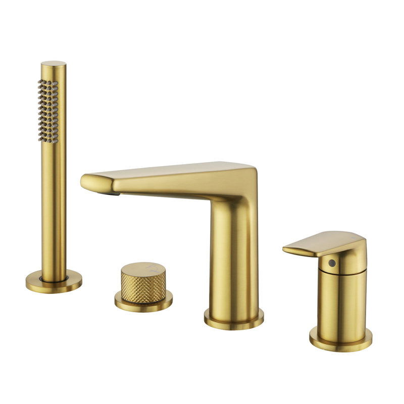 Waterfall Tub Filler Faucet With Handheld Shower Widespread Roman Tub Faucet Set Deck Mount 4-holes Faucet, Brushed Gold