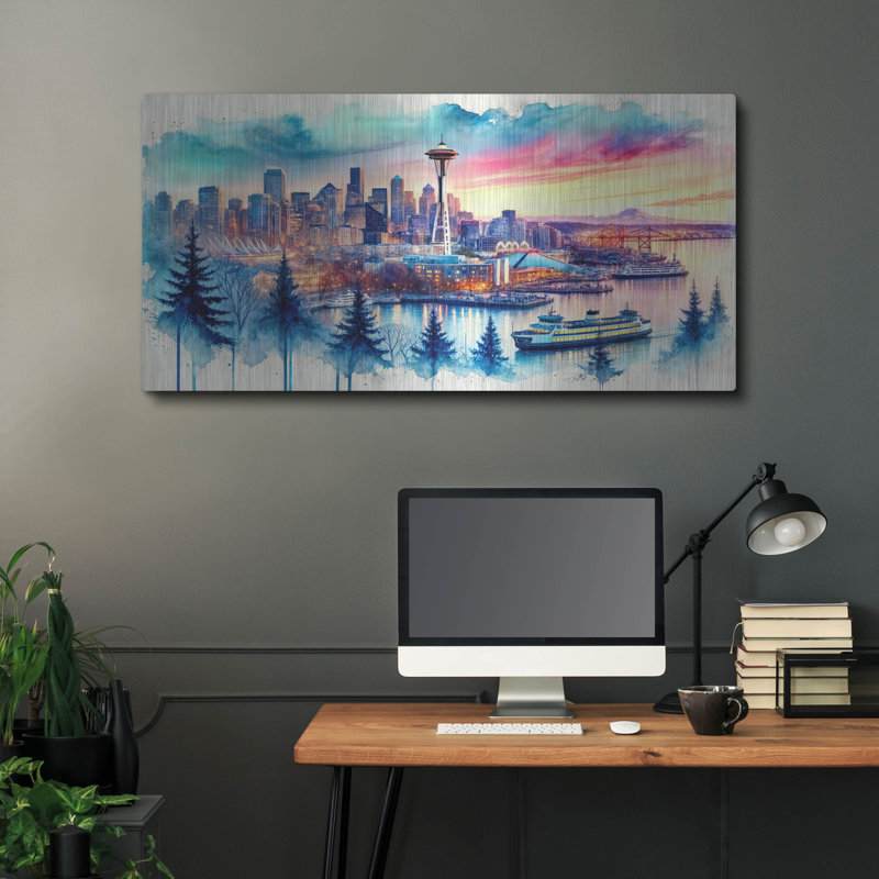Ivy Bronx «Seattle Watercolor Panorama» par Rey Klimt, art mural en métal, H 24 po x l 48 po