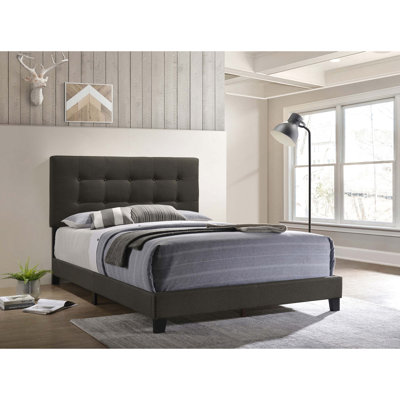 Eastern King Panel Bed With Charcoal Finish, Softly Padded In Fabric, Classic Design For Bedroom, Box Spring Needed Tone, Wrapped Material, Structured Headboard And , Essential