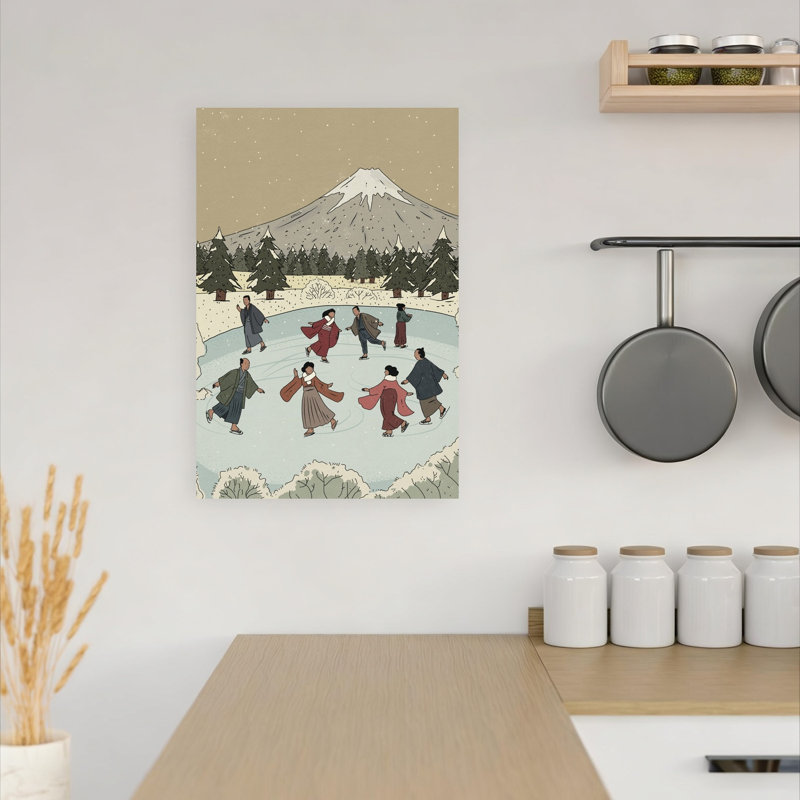 Skating Below Mount Fuji Traditional Abstract Landscape Mountain Wall Art Print 1 Piece Wrapped Canvas Wall Art
