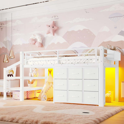 Low Loft Bed with Multi-Storage Spaces, Including Fabric Drawers, Fabric Shelves Beside the Bed, Storage Stairs, Metal Loft Bed with Lights and Ample Under-bed Spaces